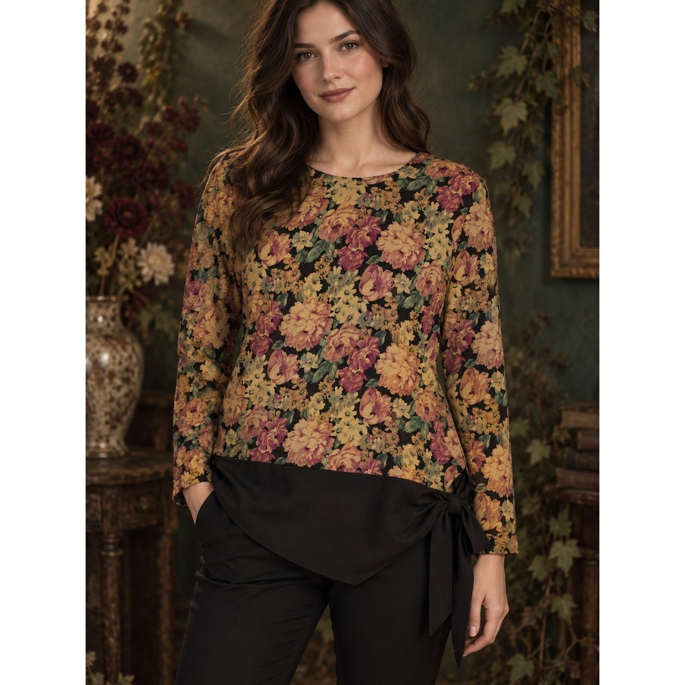 Taurus II Floral Tunic Women 10 Black Side Tie Dark Cottagecore